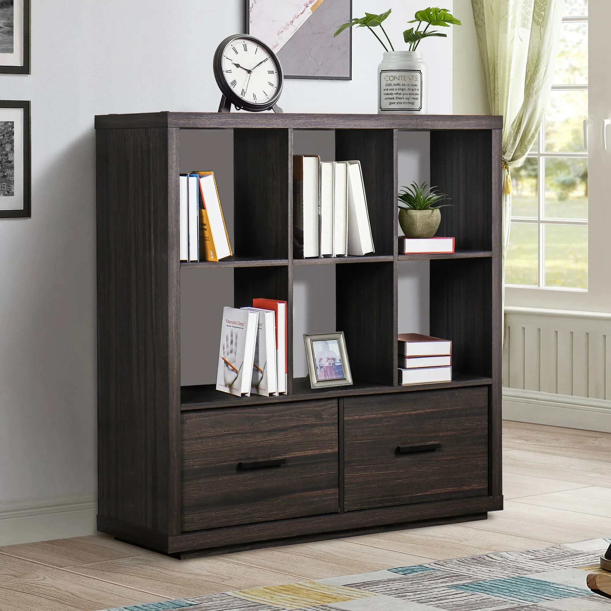 Better Homes & Gardens BHS336249972004 Steele 6 Cube Storage Bookcase Organizer With Drawers, Tobacco Oak