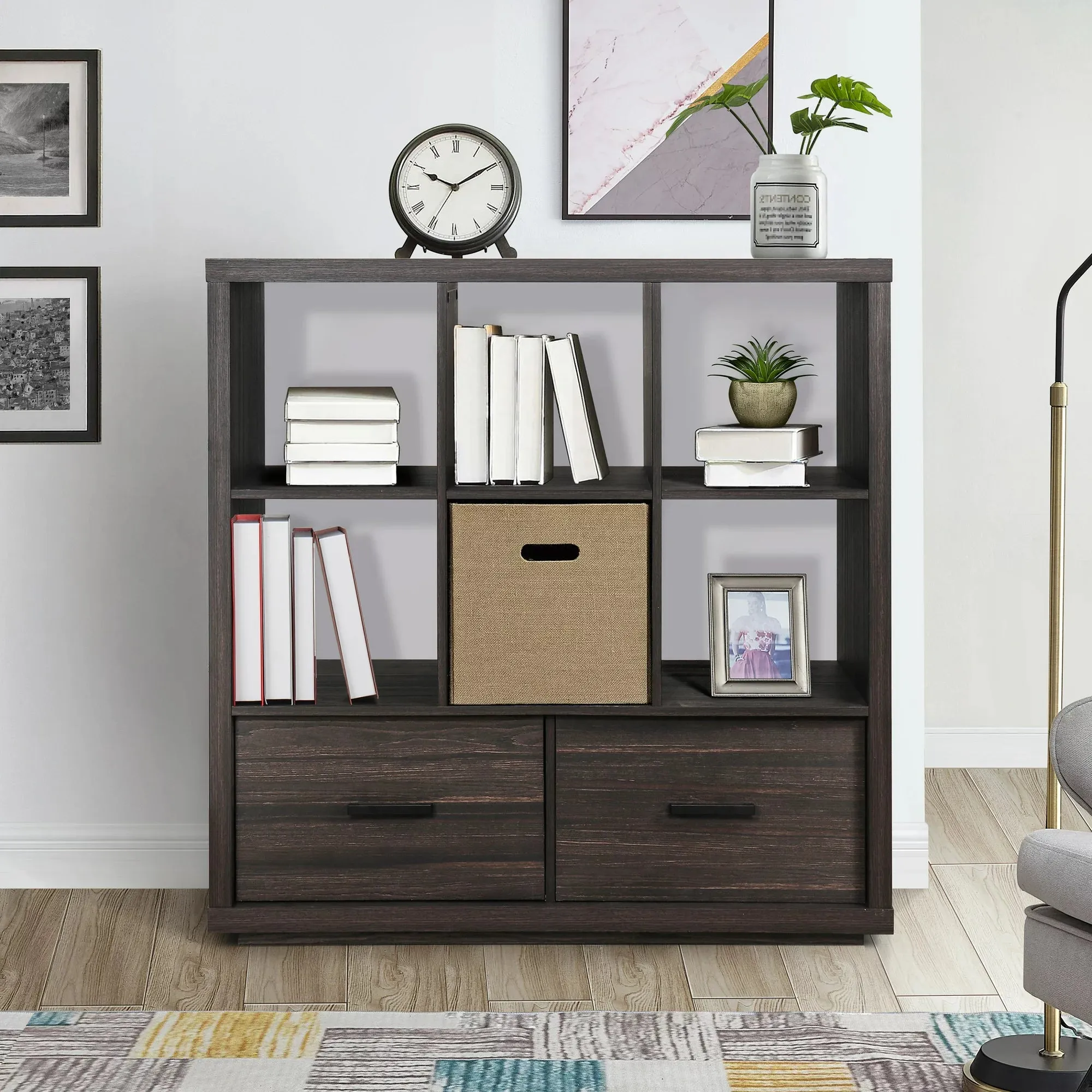 Better Homes & Gardens BHS336249972004 Steele 6 Cube Storage Bookcase Organizer With Drawers, Tobacco Oak