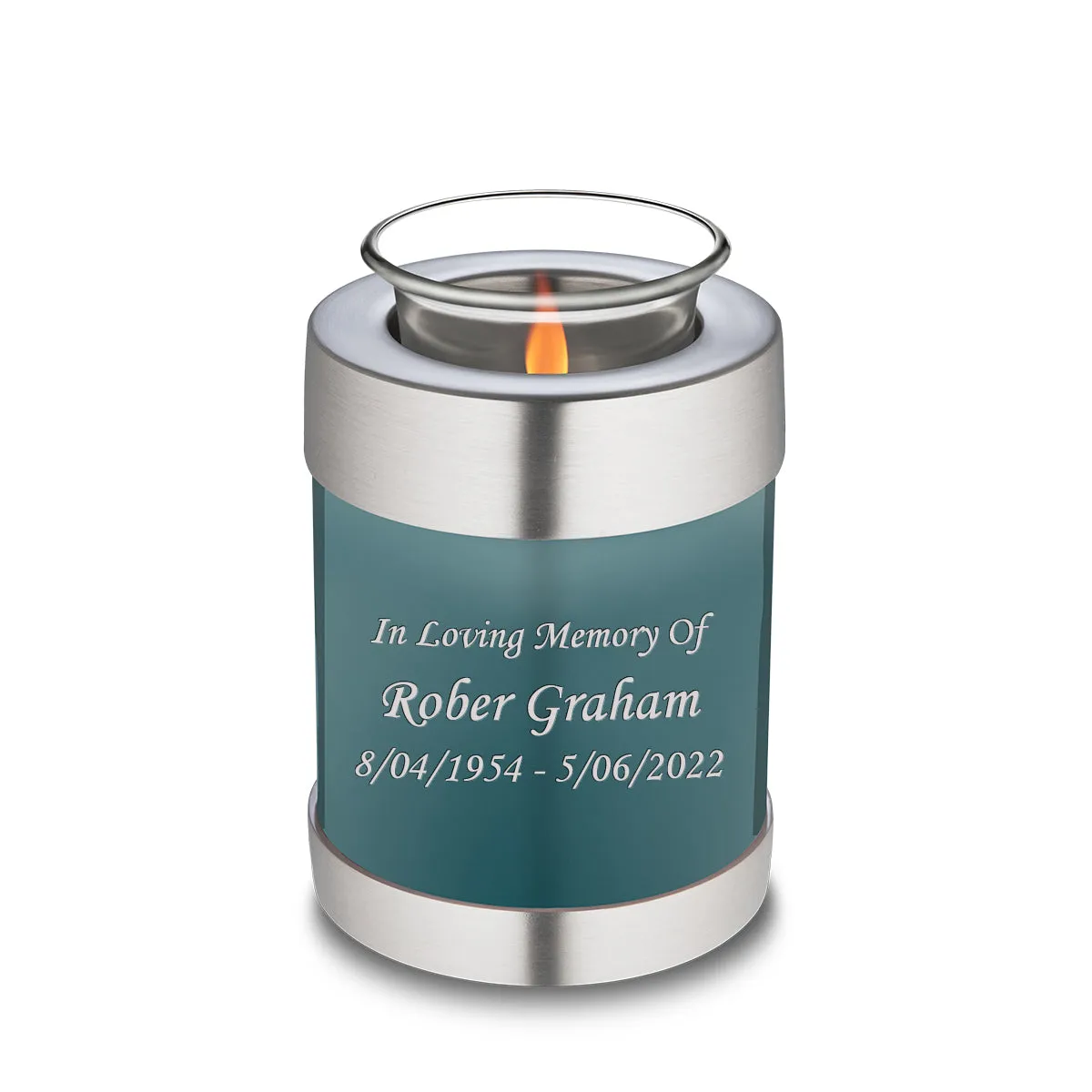 Candle Holder Embrace Teal Custom Engraved Text Cremation Urn