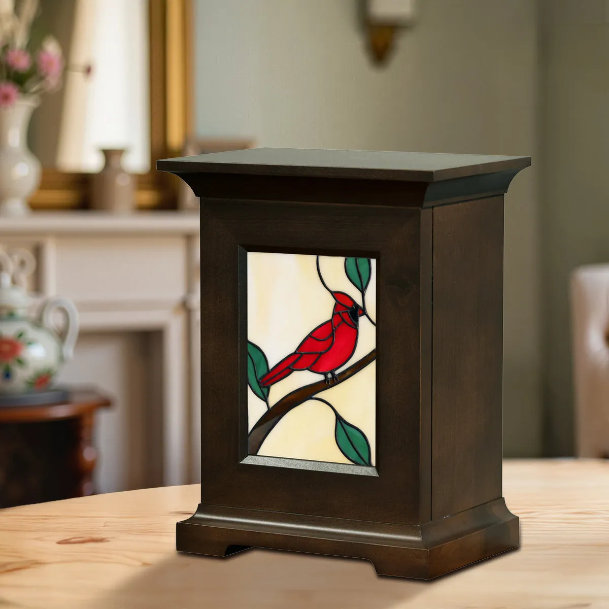 Cardinal Stain Glass Wood Urn