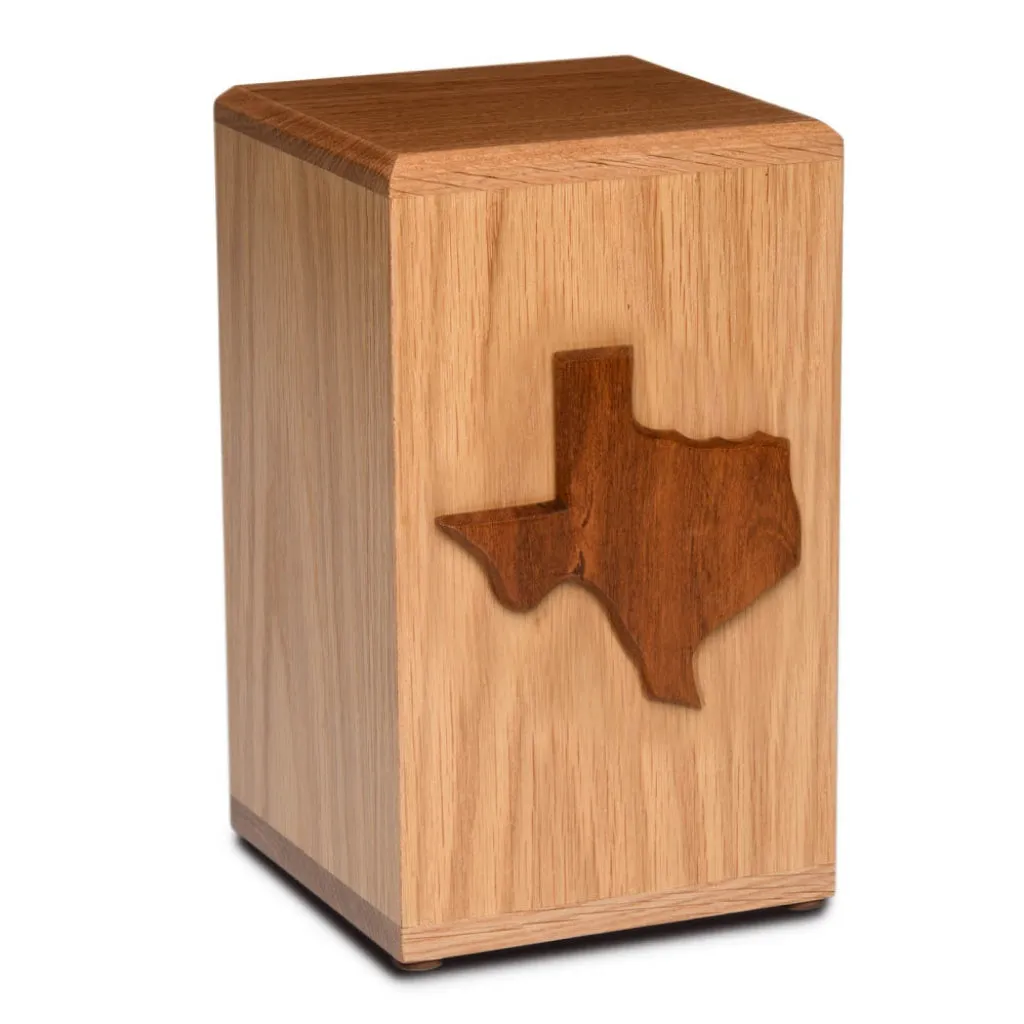 CLEARANCE ADULT Solid Oak Tower Urn with Artisan Applique  - State Pride - Texas