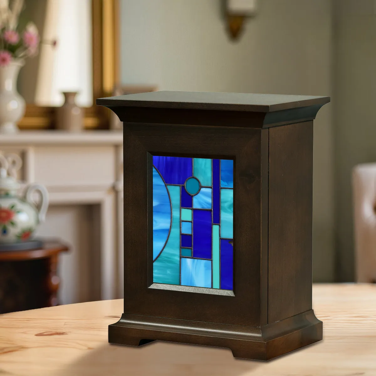 Contemporary Stain Glass Wood Urn
