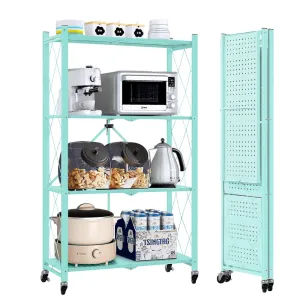 COOKCOK CCWAL4TIER-BL 4-Tier Storage Shelving Unit Metal Shelf Foldable with Wheels and Hooks