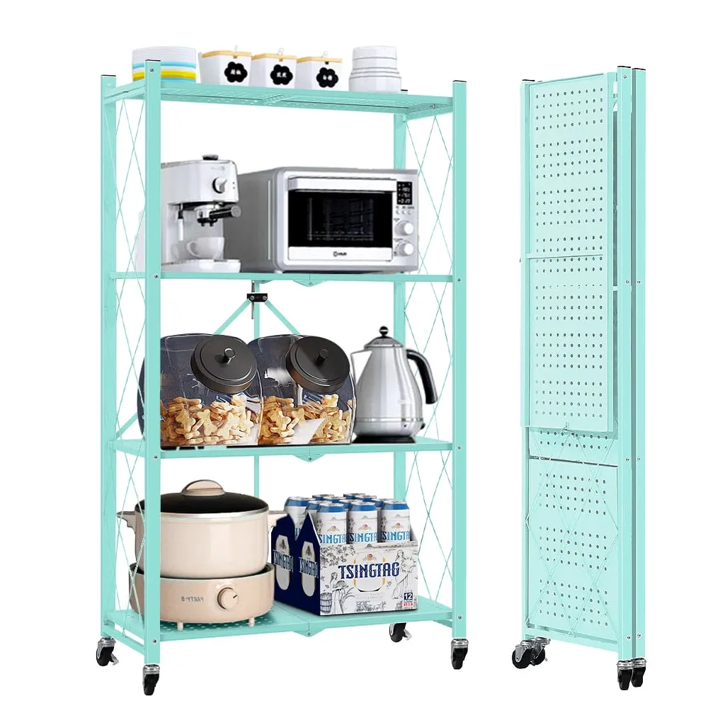 COOKCOK CCWAL4TIER-BL 4-Tier Storage Shelving Unit Metal Shelf Foldable with Wheels and Hooks