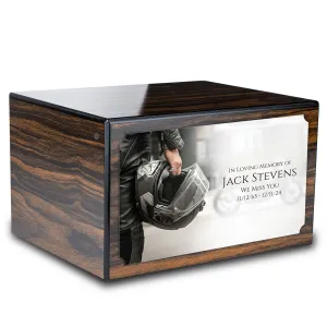 Custom Printed Heritage Espresso Motorcycle Helmet Wood Box Cremation Urn