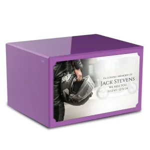 Custom Printed Heritage Purple Motorcycle Helmet Wood Cremation Urn Box