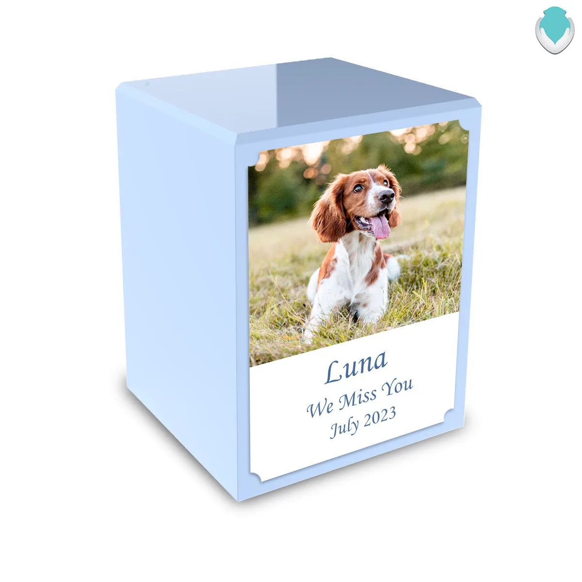 Custom Printed Portrait Small Heritage Light Blue Photo Wood Box Pet Cremation Urn for Ashes