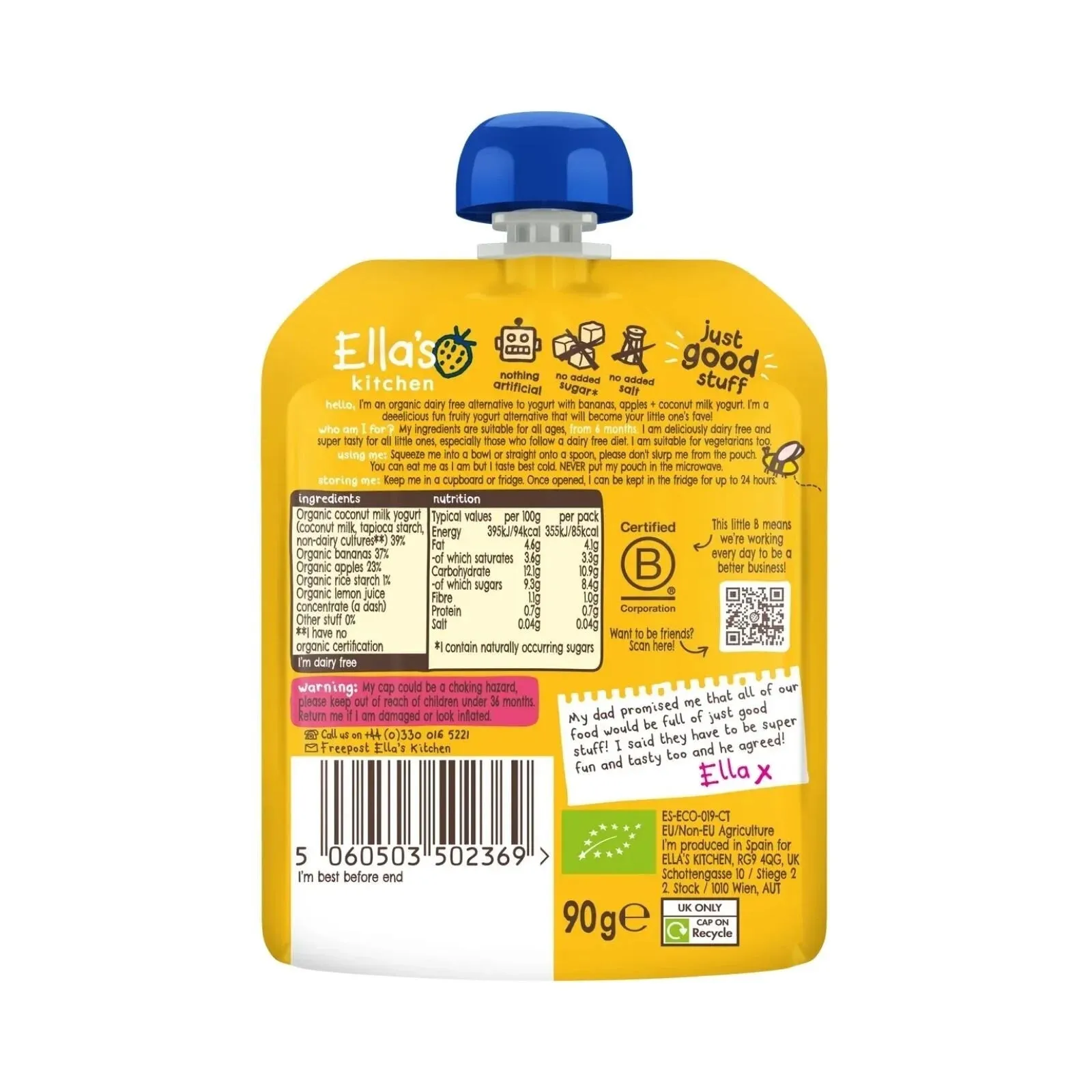 Ella's Kitchen Dairy Free Banana Yogurt Pouch 6  months 90g