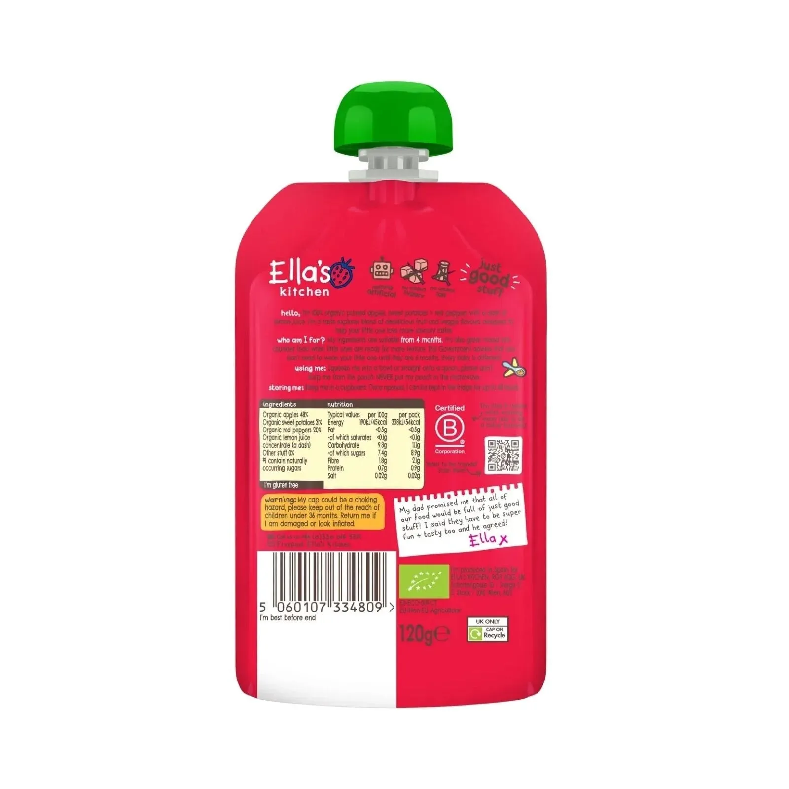 Ella's Kitchen Organic Apples Sweet Potatoes & Peppers Baby Pouch 4  months 120g