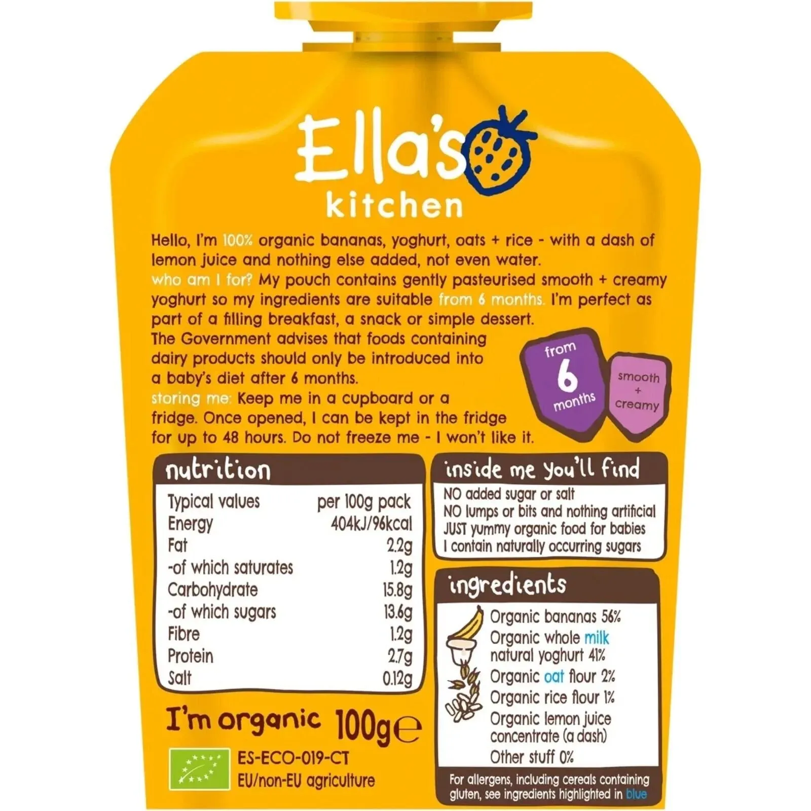Ella's Kitchen Organic Banana Baby Brekkie Baby Food Breakfast Pouch 6  months 100g