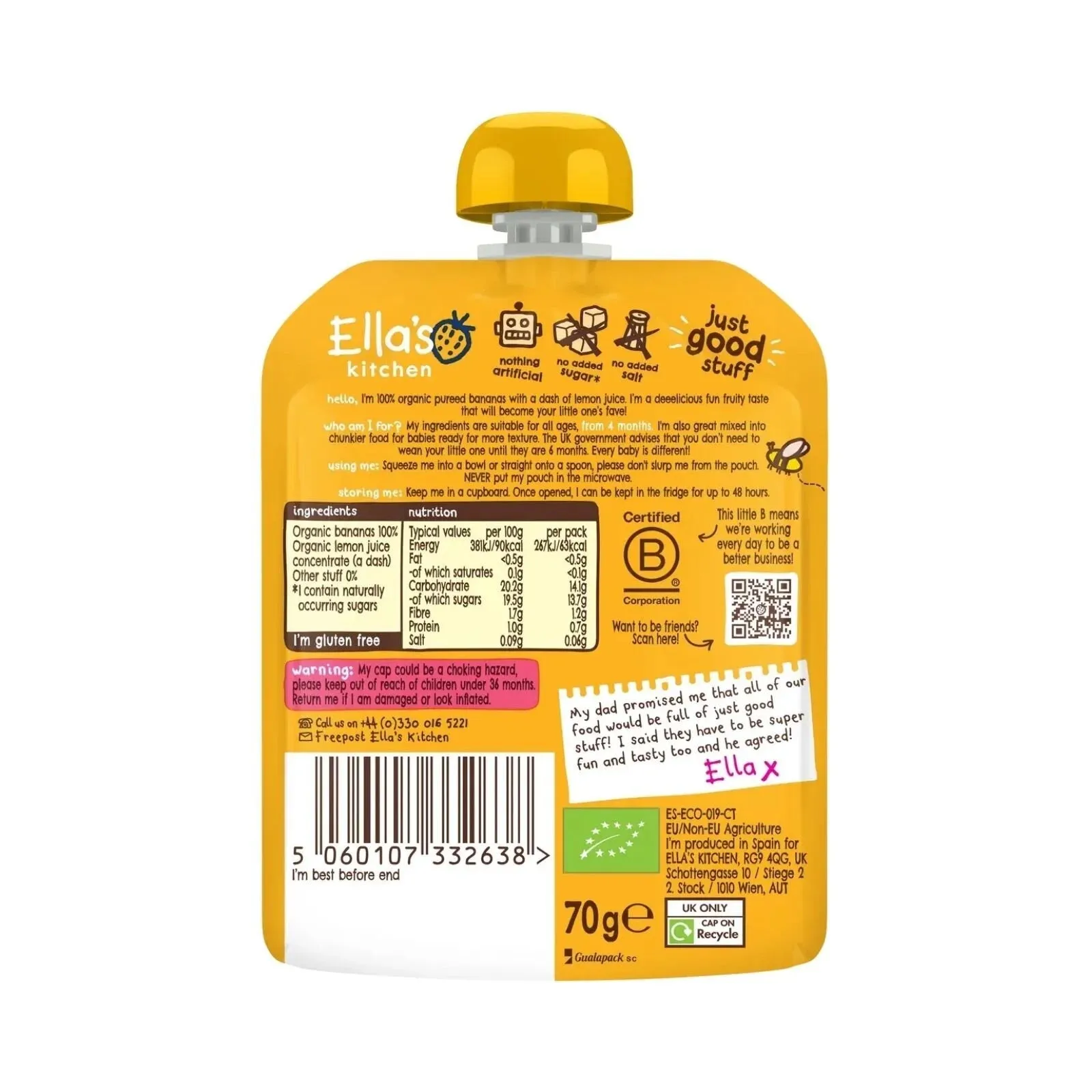Ella's Kitchen Organic Bananas First Tates Baby Food Pouch 4  months 70g
