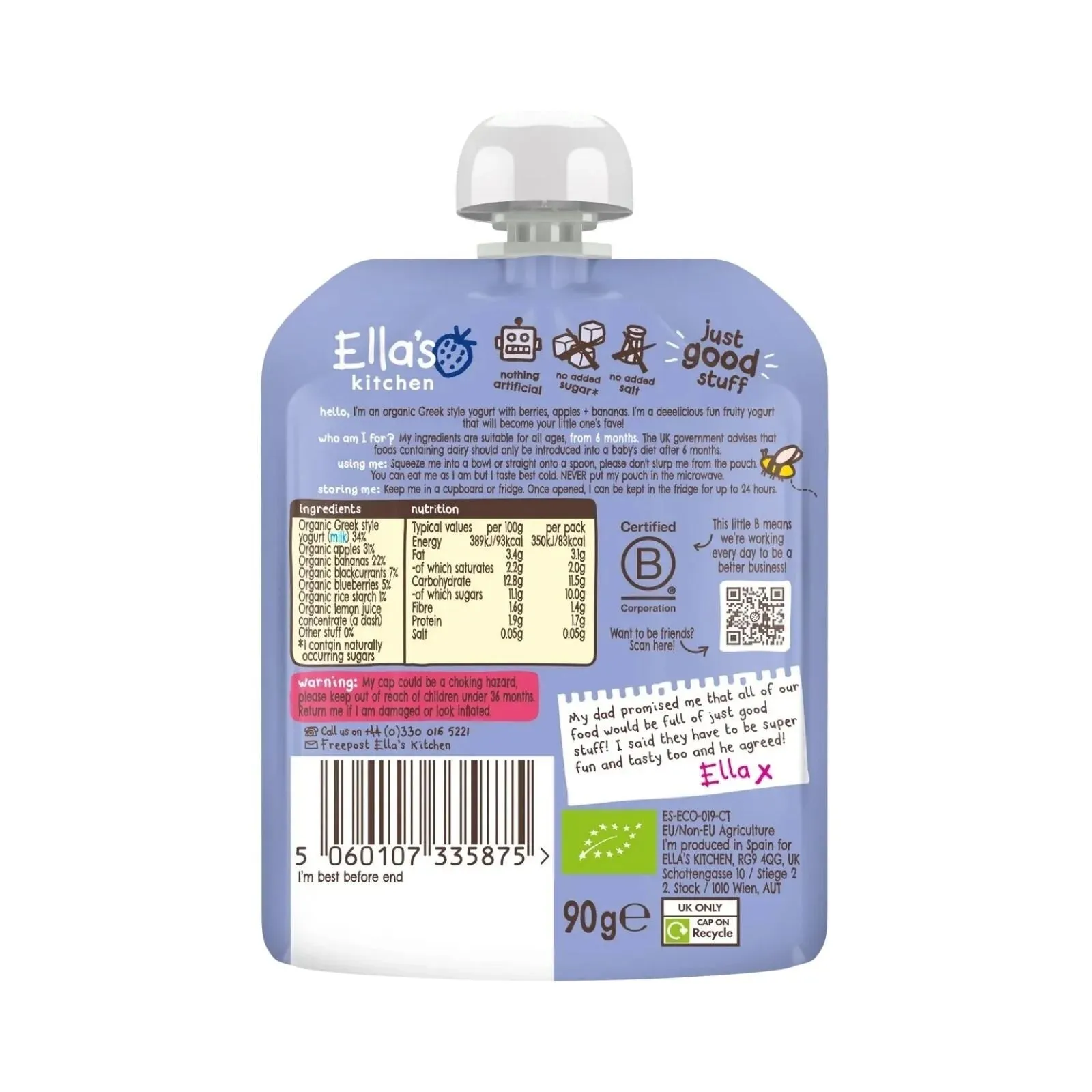 Ella's Kitchen Organic Berry Greek Style Yoghurt Baby Food Pouch 6  months 90g