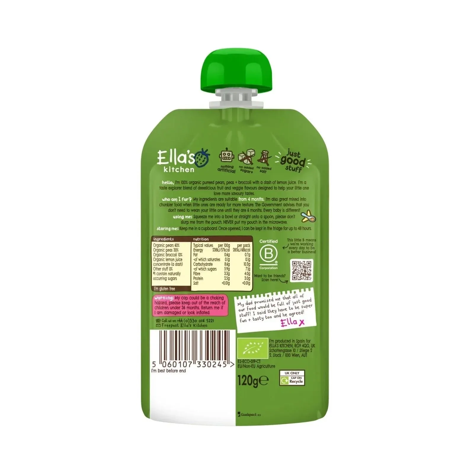 Ella's Kitchen Organic Broccoli Pears & Peas Pouch 4  months 120g