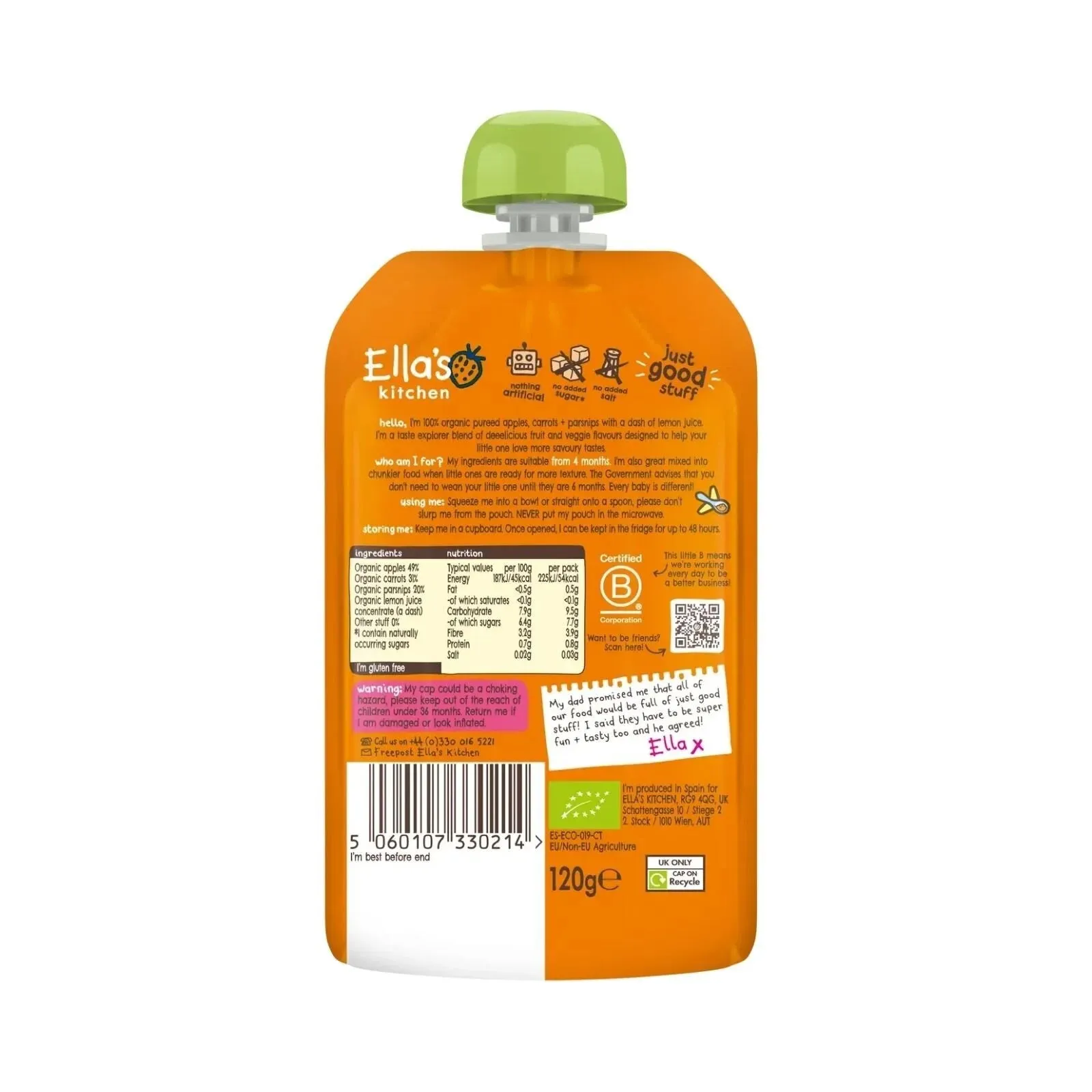 Ella's Kitchen Organic Carrots Apples & Parsnips Baby Food Pouch 4  months 120g