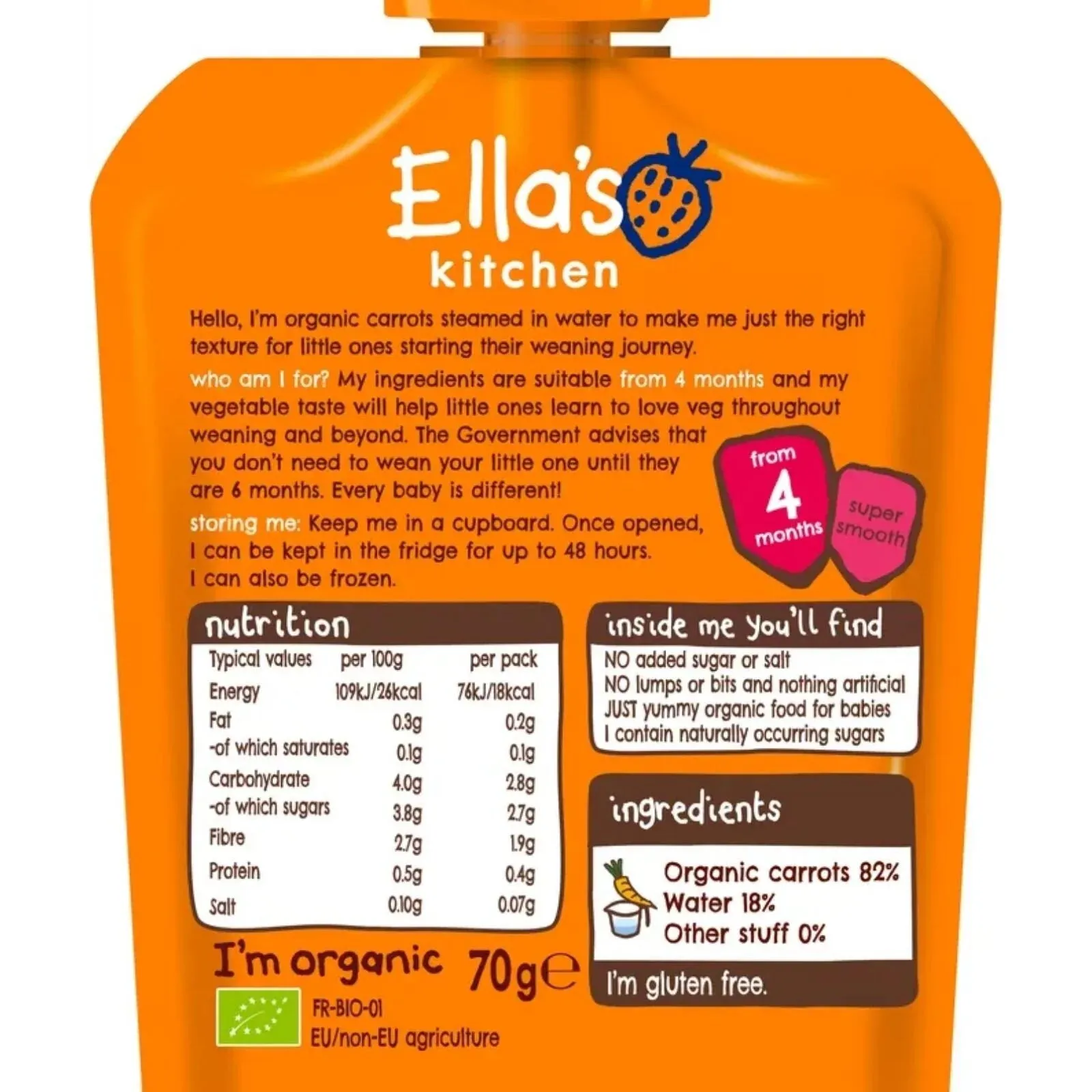 Ella's Kitchen Organic Carrots First Taste Baby Food Pouch 4  months 70g