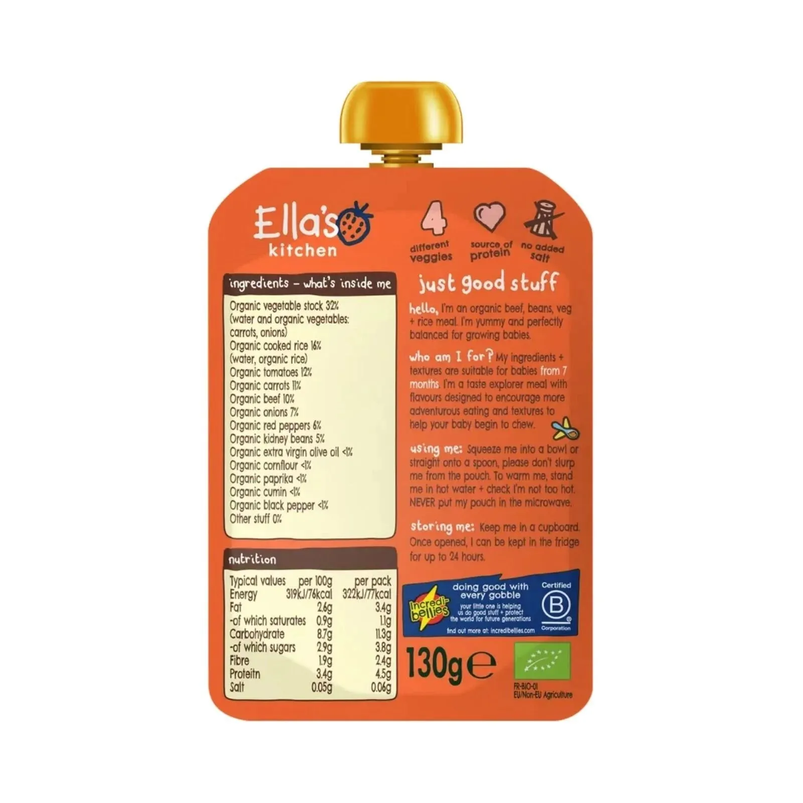 Ella's Kitchen Organic Chilli Con Carne Baby Food Pouch 7  months 130g