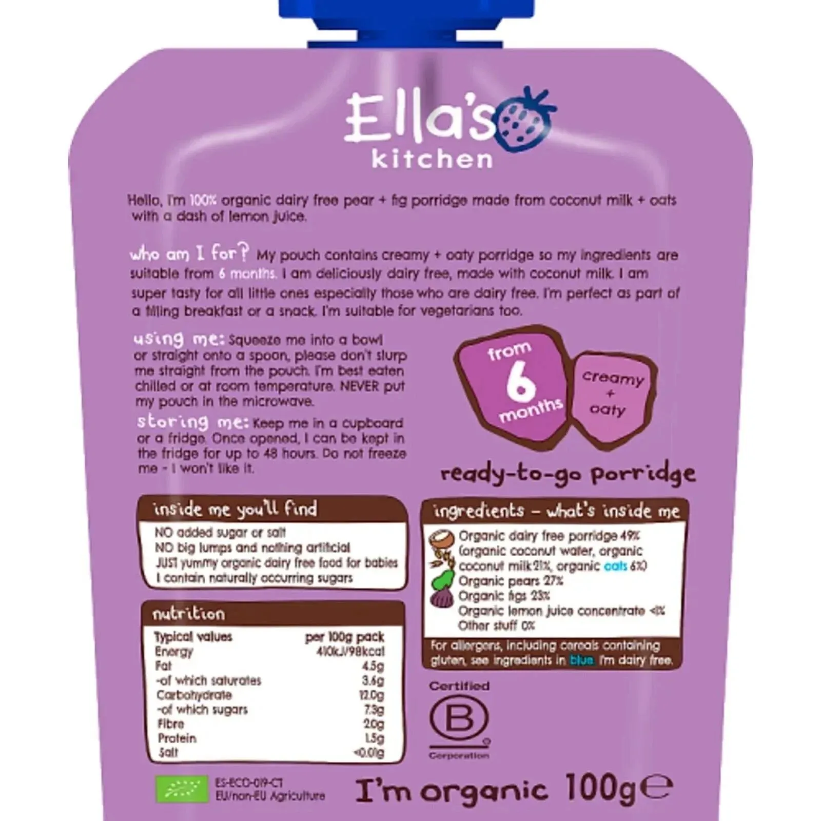 Ella's Kitchen Organic Dairy Free Pear & Fig Porridge Baby Food Pouch 6  months 100g