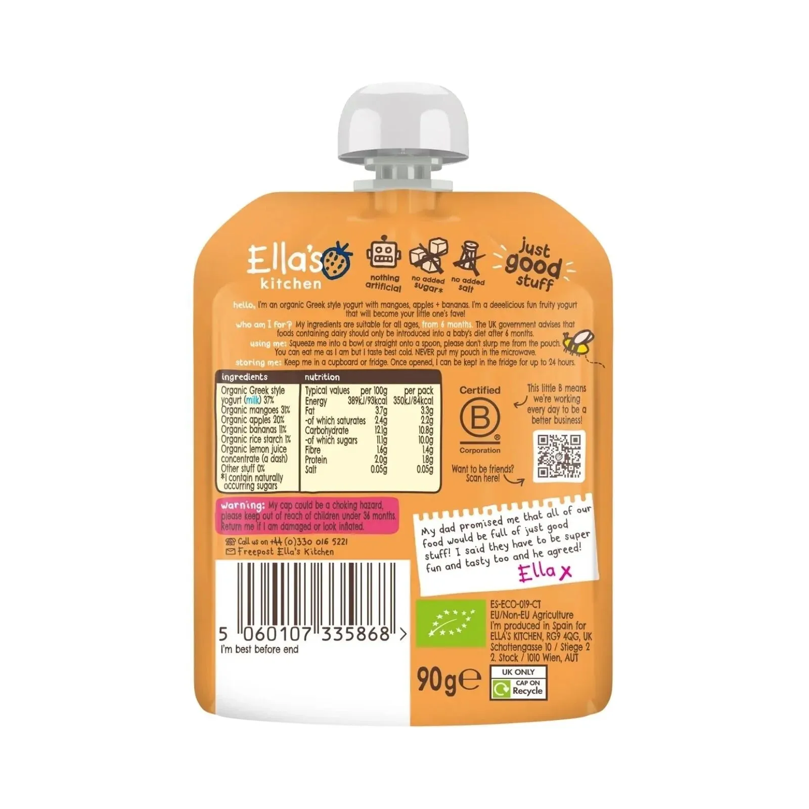 Ella's Kitchen Organic Mango Greek Style Yoghurt Baby Food Pouch 6  months 90g