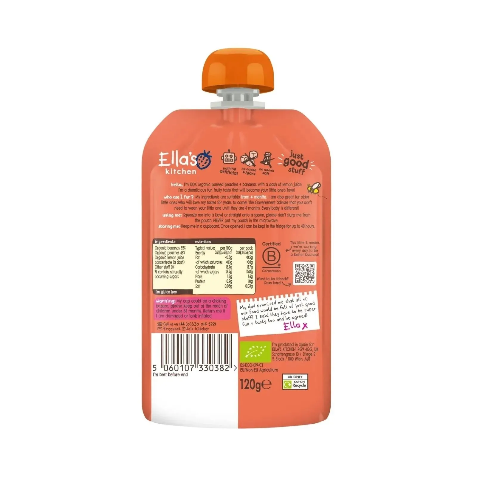 Ella's Kitchen Organic Peaches & Bananas Baby Food Pouch 4  months 120g
