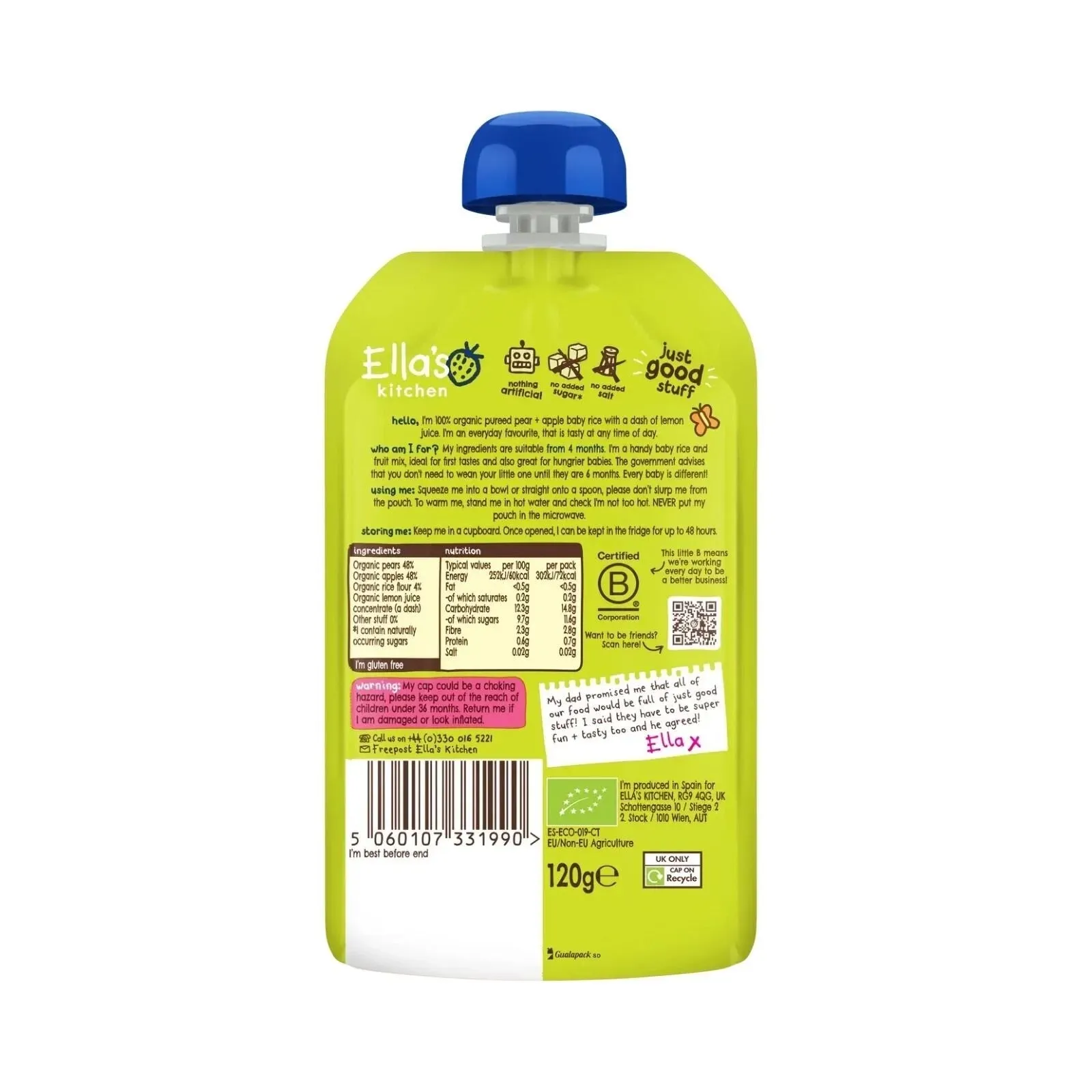 Ella's Kitchen Organic Pear & Apple Baby Rice Baby Pouch 4  months 120g