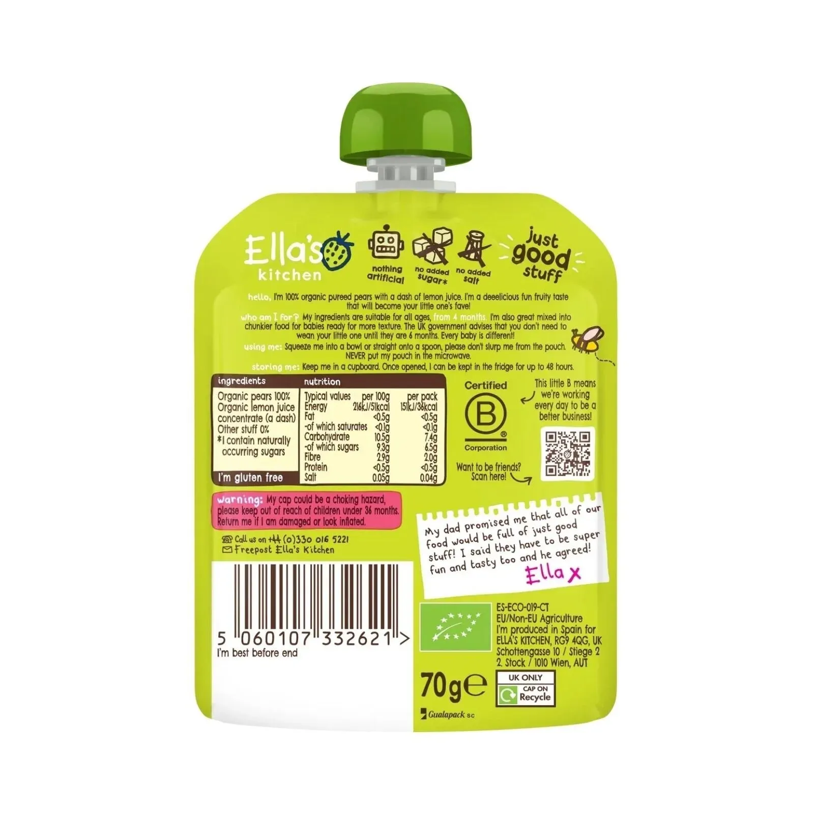 Ella's Kitchen Organic Pears First Tastes Baby Food Pouch 4  months 70g