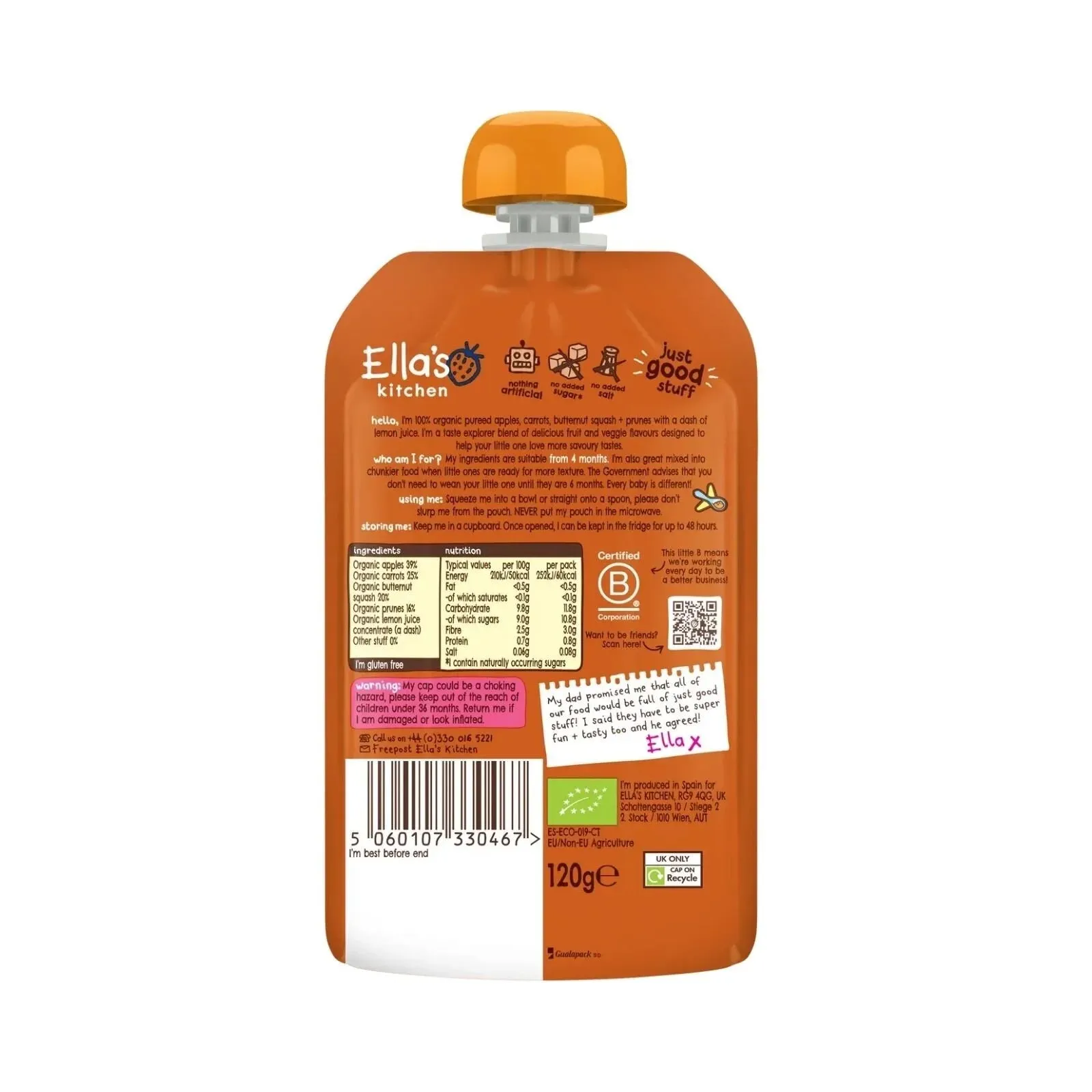 Ella's Kitchen Organic Squash Carrots Apples & Prunes Pouch 4  months 120g