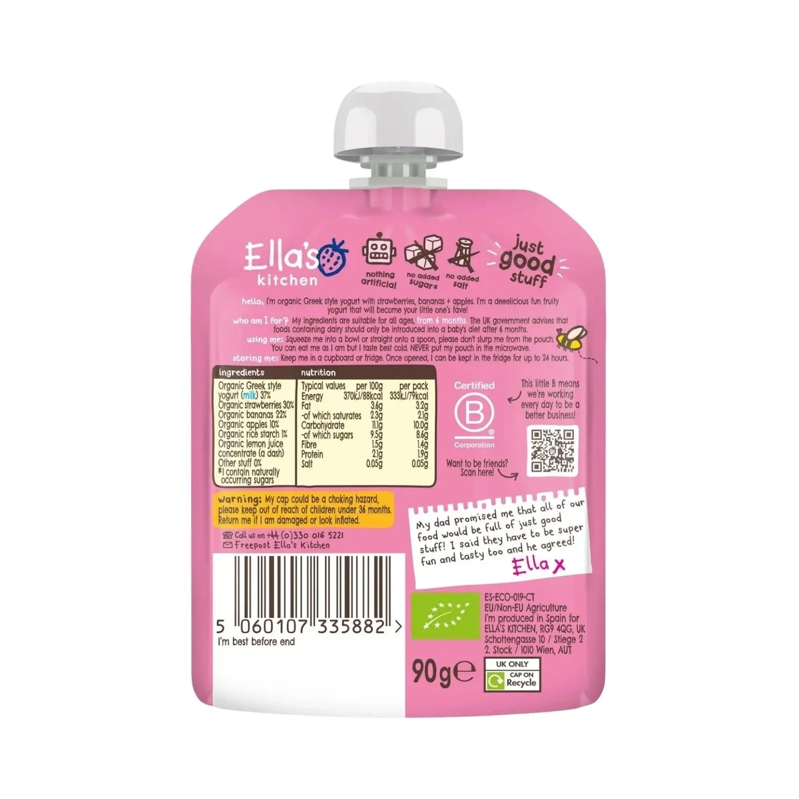 Ella's Kitchen Organic Strawberry Greek Style Yoghurt Baby Food Pouch 6  months 90g