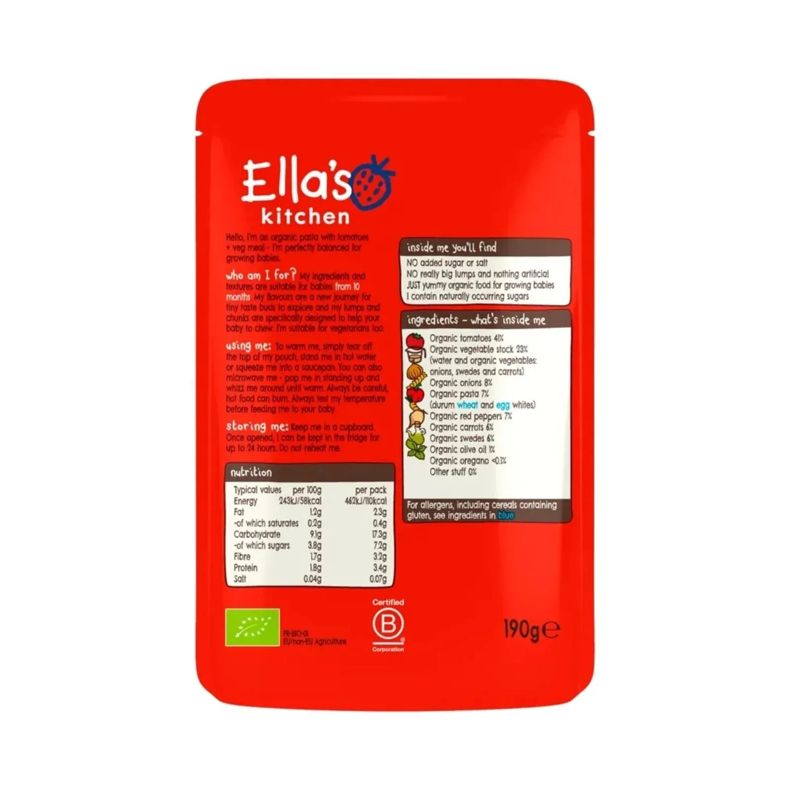 Ella's Kitchen Organic Tomato Pasta with Vegetables 10  months 190g