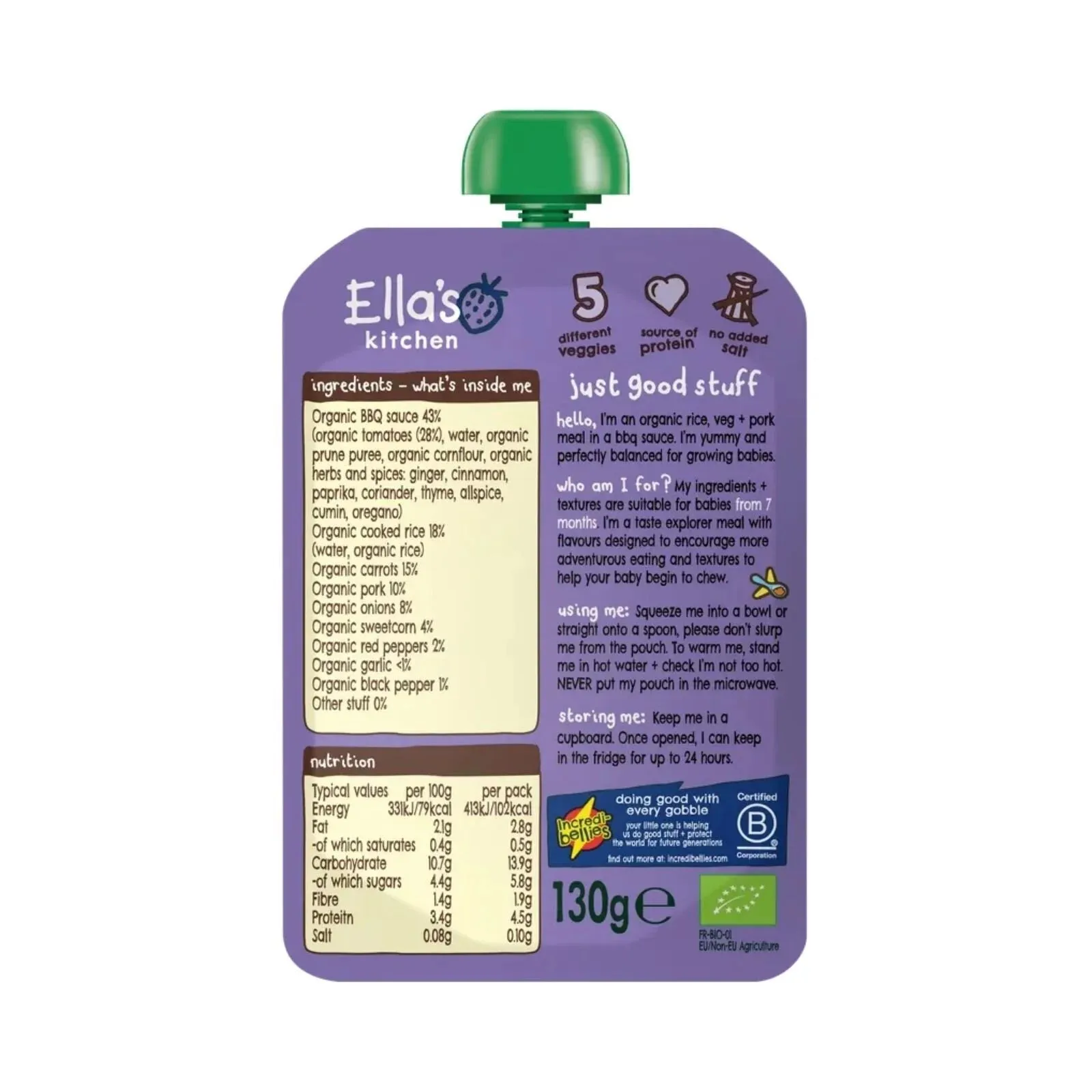 Ella's Kitchen Punchy Pulled Pork with BBQ Sauce Baby Food Pouch 7  months 130g