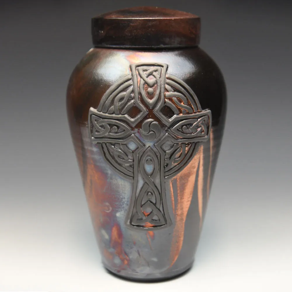 Handcrafted Celtic Cross Raku Ceramic Cremation Urn