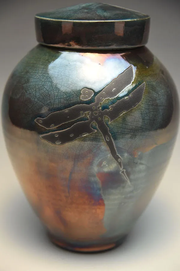 Handcrafted Dragonfly Raku Ceramic Cremation Urn