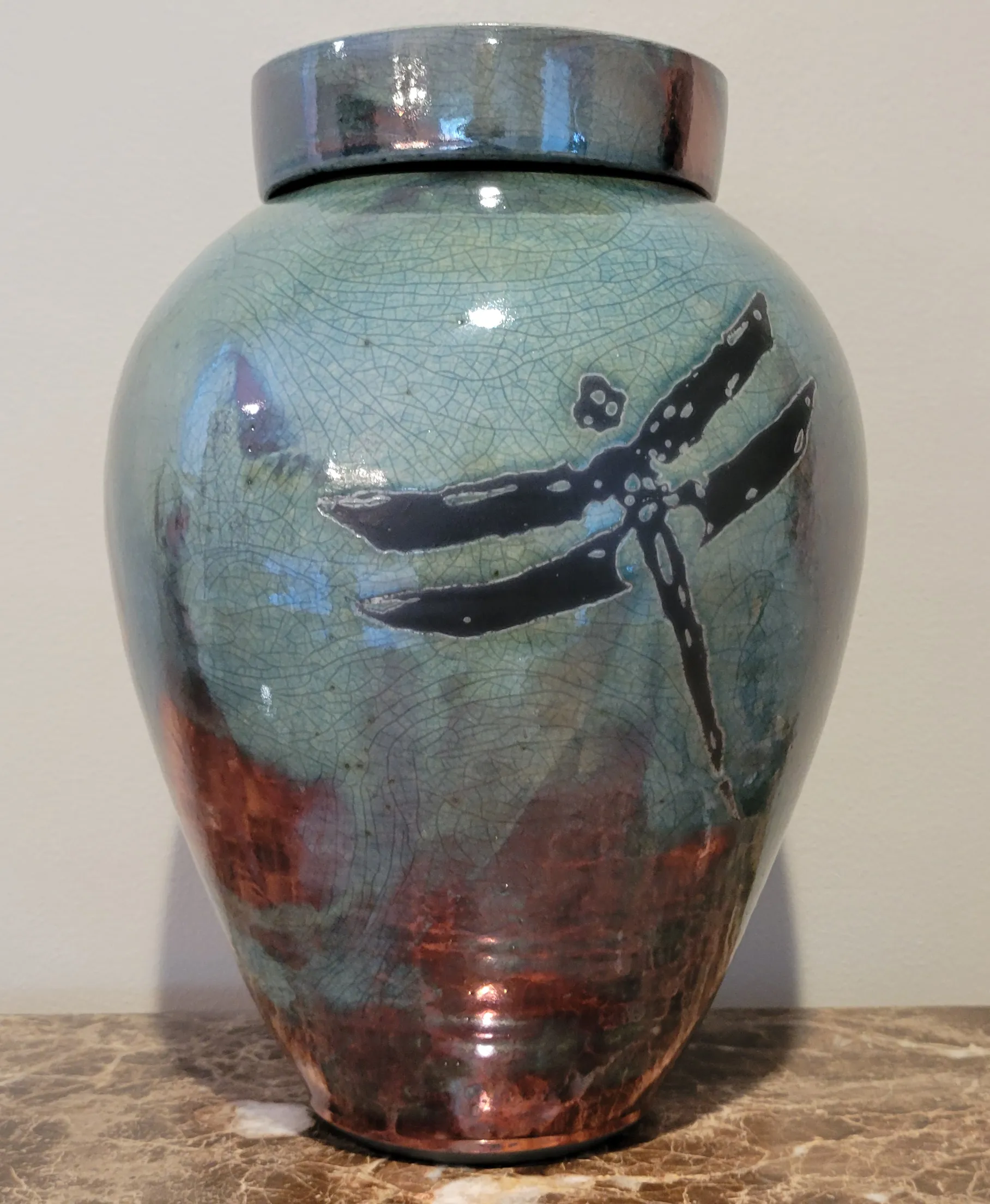 Handcrafted Dragonfly Raku Ceramic Cremation Urn