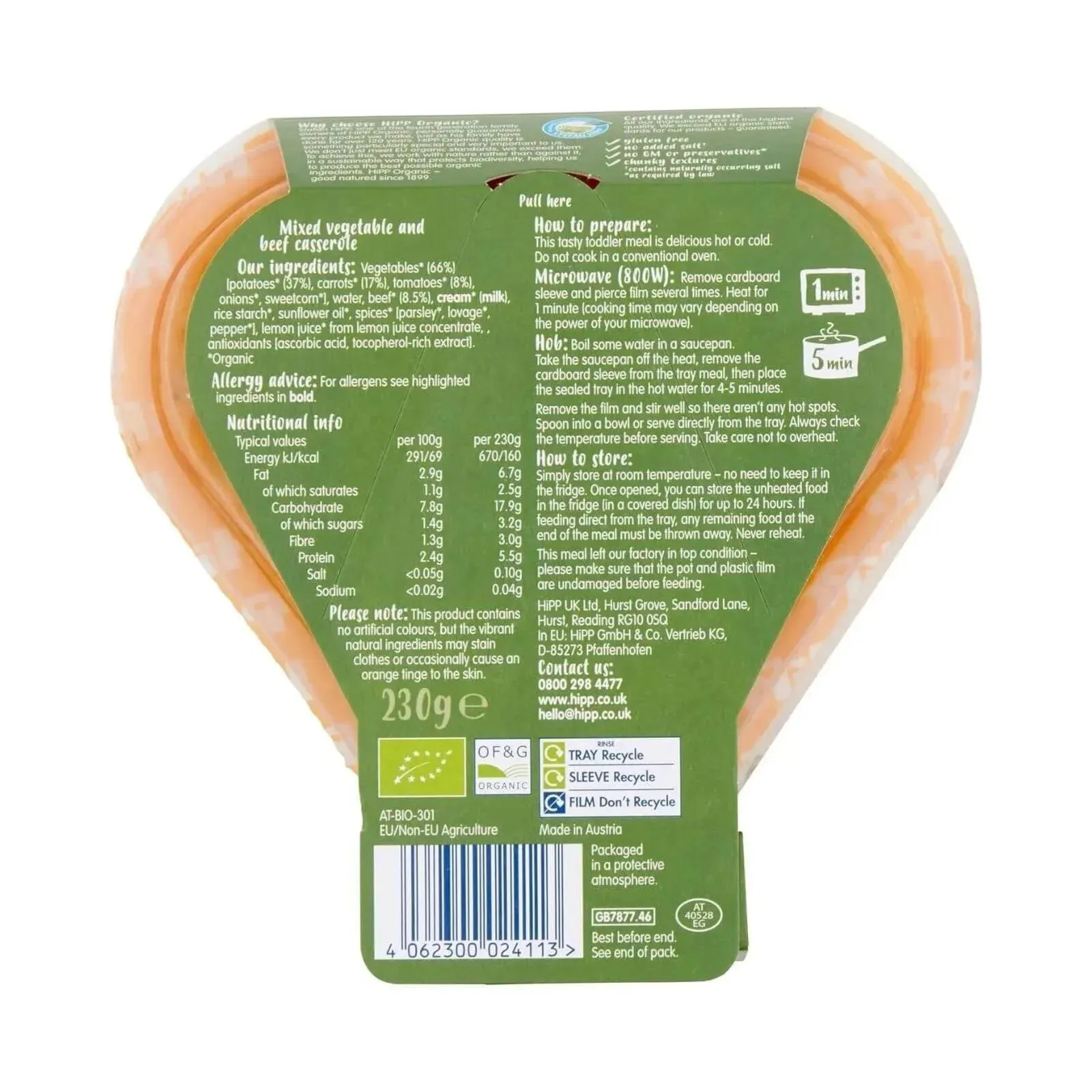 HiPP Organic Hearty Vegetable & Beef Casserole Toddler Tray Meal 12  months 230g