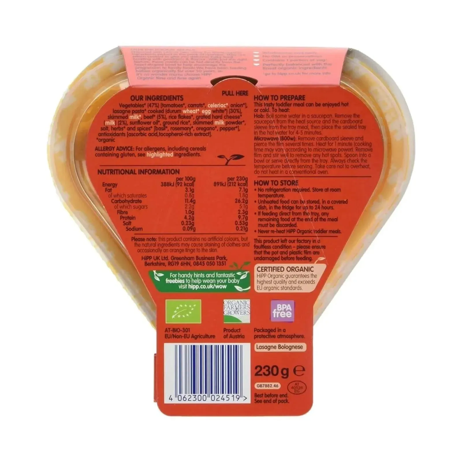 HiPP Organic Scrumptious Lasagne Toddler Tray Meal 12  months 230g