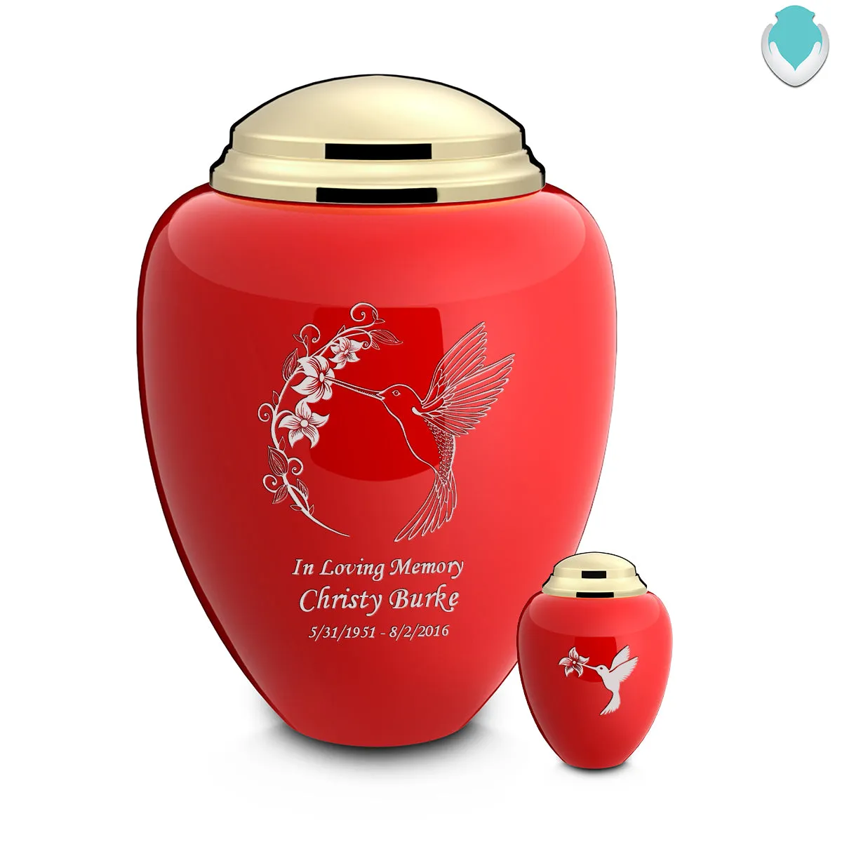 Keepsake Tribute Red and Shiny Brass Hummingbird Cremation Urn