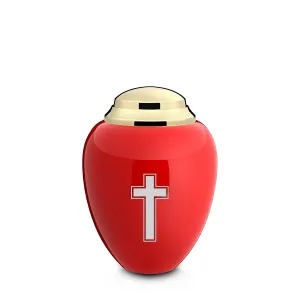 Keepsake Tribute Red and Shiny Brass Simple Cross Cremation Urn
