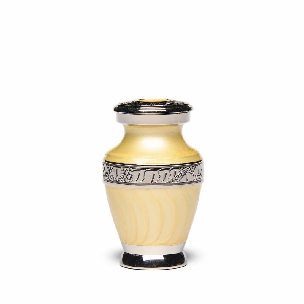 KEEPSAKE Brass Urn -1964- Enamel Overlay- Silver-tone bands