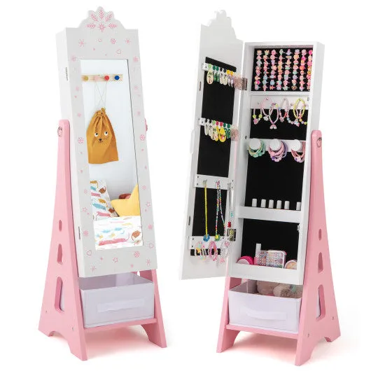 Kids Jewelry Cabinet With Full-Length Mirror and Foldable Drawer-White
