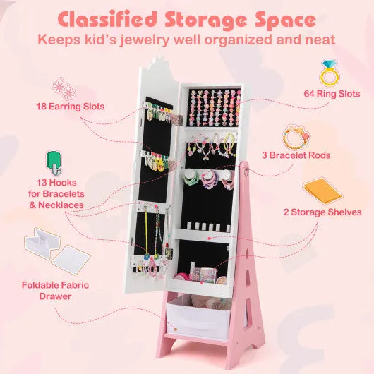 Kids Jewelry Cabinet With Full-Length Mirror and Foldable Drawer-White