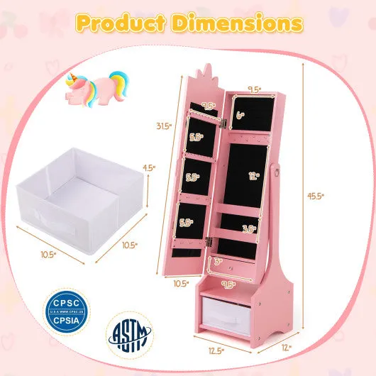 Kids Jewelry Cabinet With Full-Length Mirror for Kids Bedroom and Playroom-Pink
