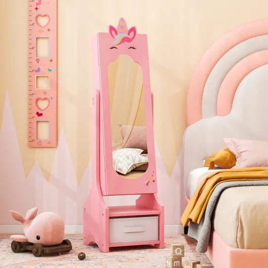Kids Jewelry Cabinet With Full-Length Mirror for Kids Bedroom and Playroom-Pink