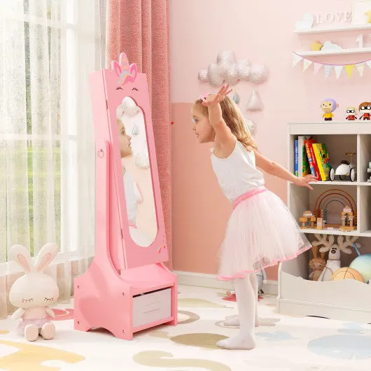 Kids Jewelry Cabinet With Full-Length Mirror for Kids Bedroom and Playroom-Pink