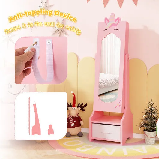 Kids Jewelry Cabinet With Full-Length Mirror for Kids Bedroom and Playroom-Pink