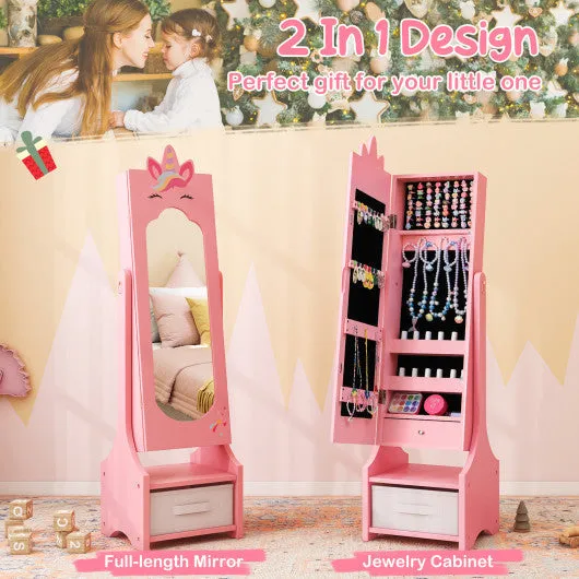 Kids Jewelry Cabinet With Full-Length Mirror for Kids Bedroom and Playroom-Pink