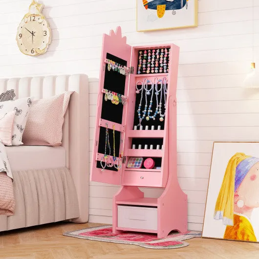 Kids Jewelry Cabinet With Full-Length Mirror for Kids Bedroom and Playroom-Pink