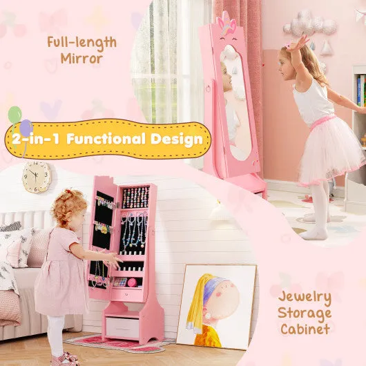 Kids Jewelry Cabinet With Full-Length Mirror for Kids Bedroom and Playroom-Pink