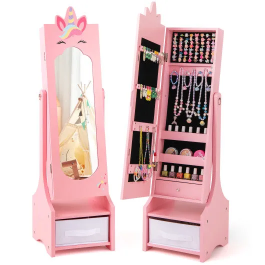 Kids Jewelry Cabinet With Full-Length Mirror for Kids Bedroom and Playroom-Pink