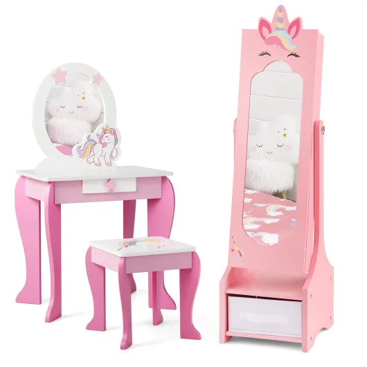 Kids Jewelry Cabinet With Full-Length Mirror for Kids Bedroom and Playroom-Pink
