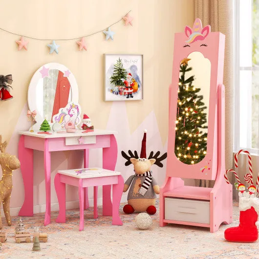 Kids Jewelry Cabinet With Full-Length Mirror for Kids Bedroom and Playroom-Pink
