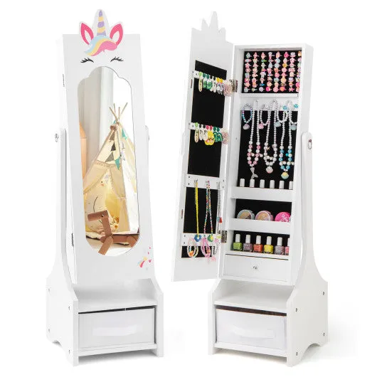 Kids Jewelry Cabinet With Full-Length Mirror for Kids Bedroom and Playroom-White